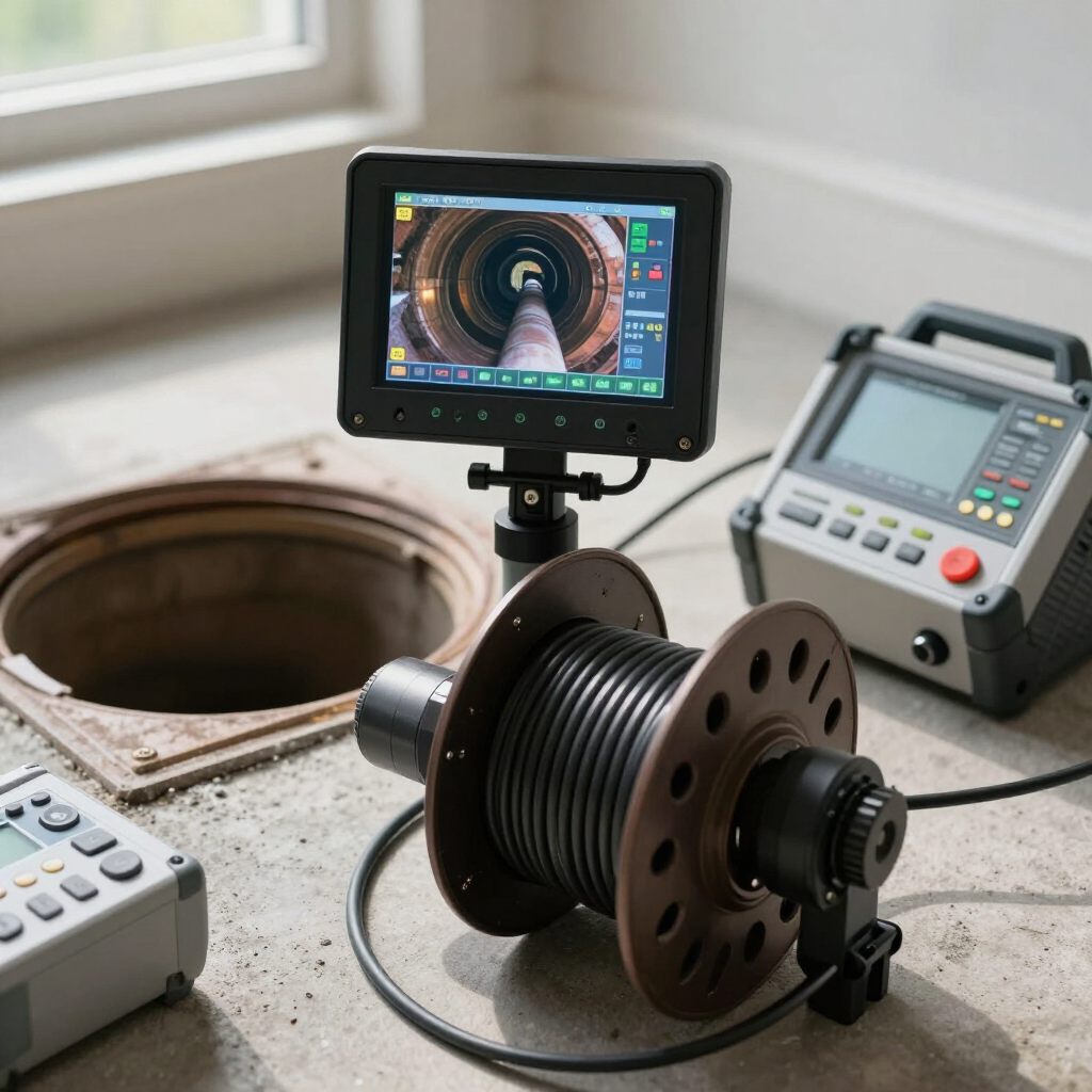 Inspection camera on a cable reel beside an open manhole, with control monitors and equipment in a room