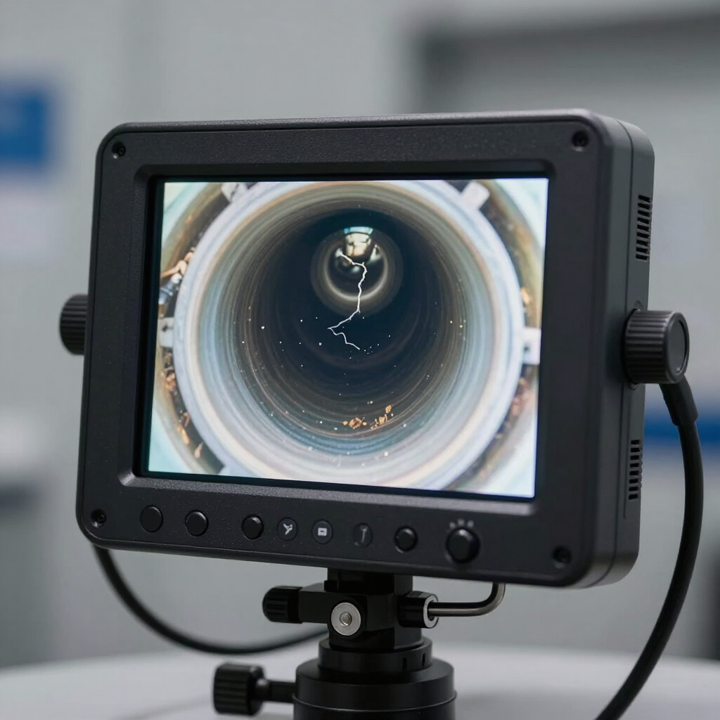 Close-up monitor displaying a view down a cylindrical pipe or tunnel on a camera rig
