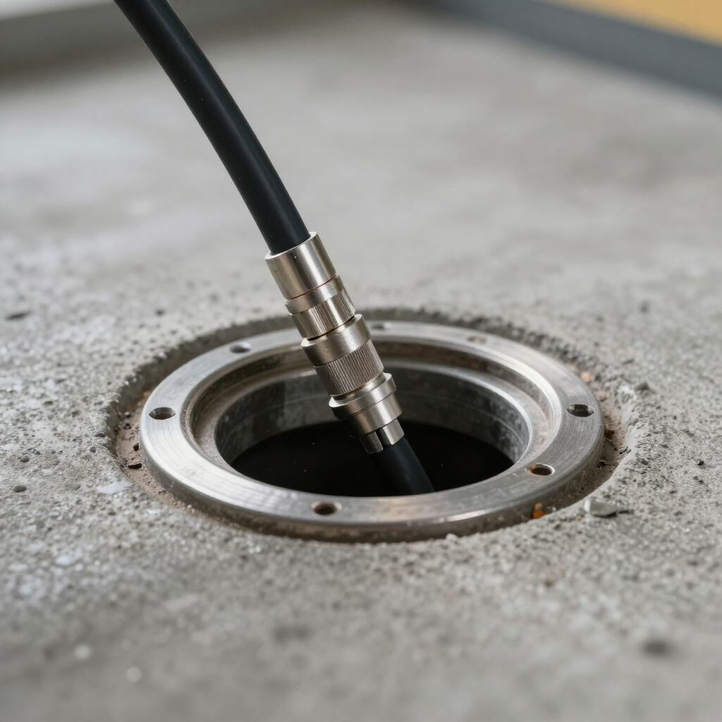 Black cable plugged into a metal floor port on a concrete surface