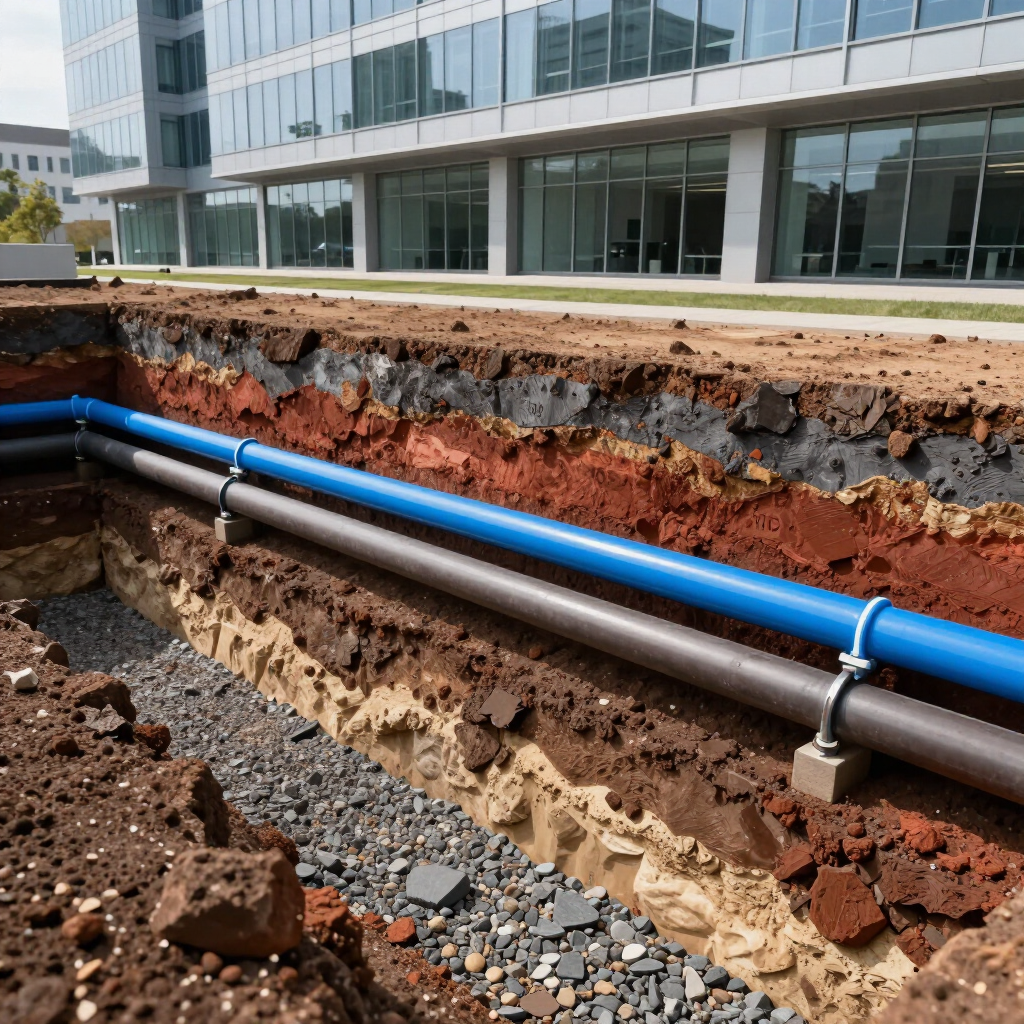 Exposed blue and gray utility pipes in a trench beside a modern glass office building