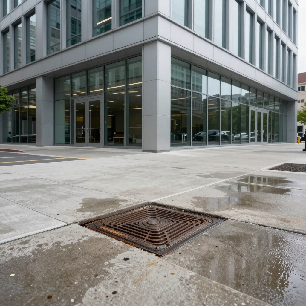Modern office building corner with glass windows, wet pavement, and a metal drain grate in the foreground