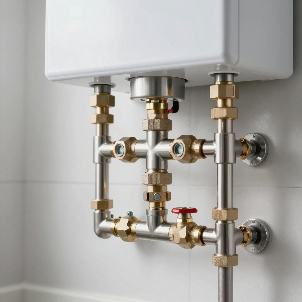 Plumbing manifold with brass pipes and shutoff valves beneath a white wall-mounted unit Plumbing manifold with brass pipes and shutoff valves beneath a white wall-mounted unit
