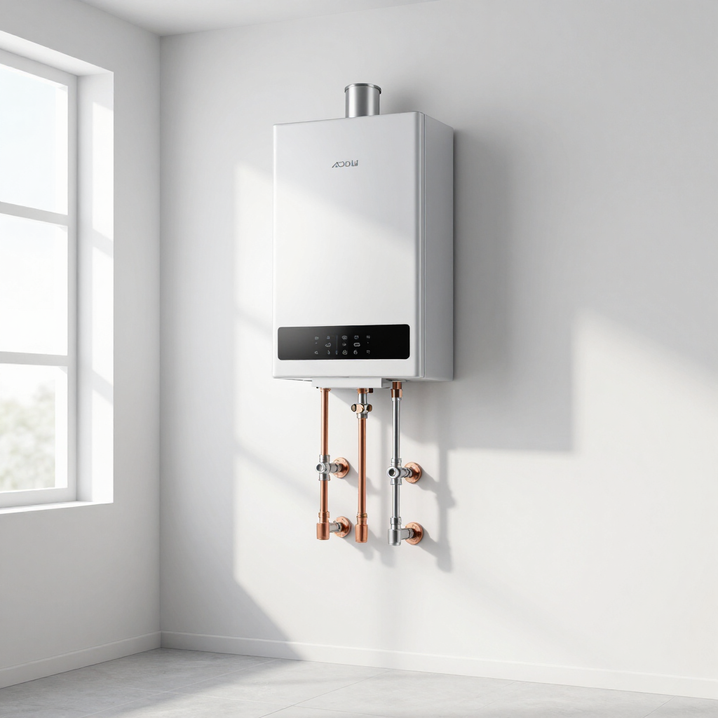 Wall-mounted white boiler with copper pipes in a bright, empty room Wall-mounted white boiler with copper pipes in a bright, empty room