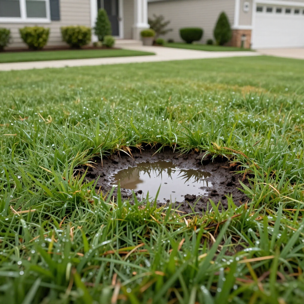 Small muddy puddle in a grassy lawn near a suburban house.