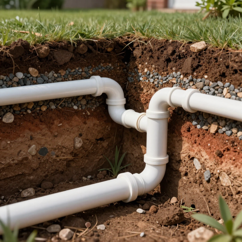 White drainage pipe emerging from a dirt trench under grass.