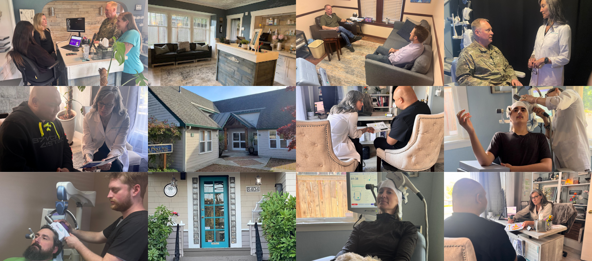 Collage of workers inspecting a house, van, and equipment during a property repair visit