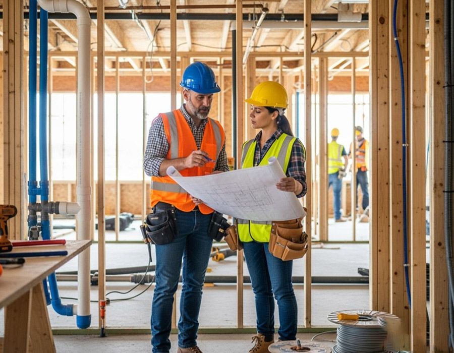Two construction workers in hard hats reviewing blueprints at a building site.