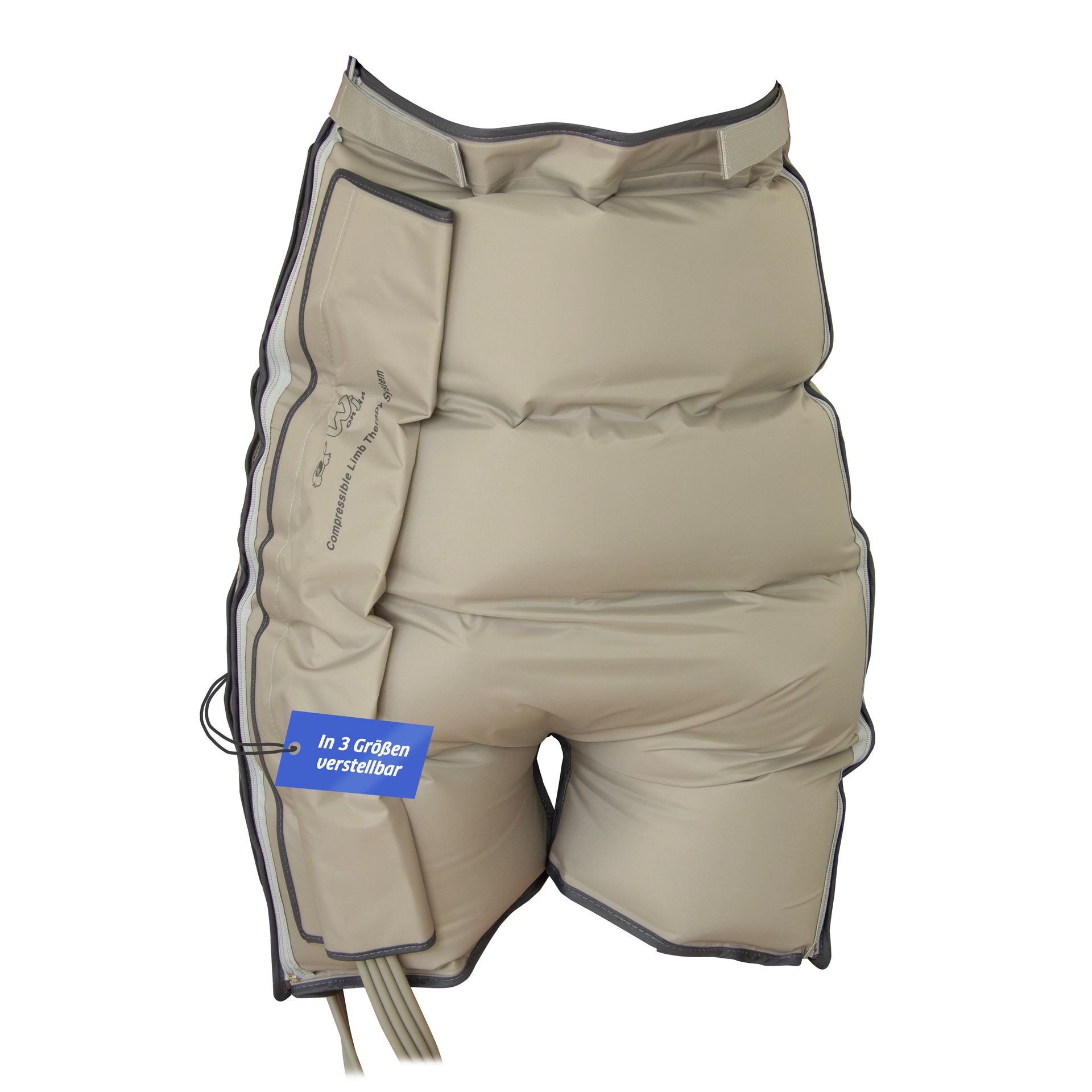 Ein Paar hellbraune Shorts mit einem blauen Etikett mit der Aufschrift „Kompression“