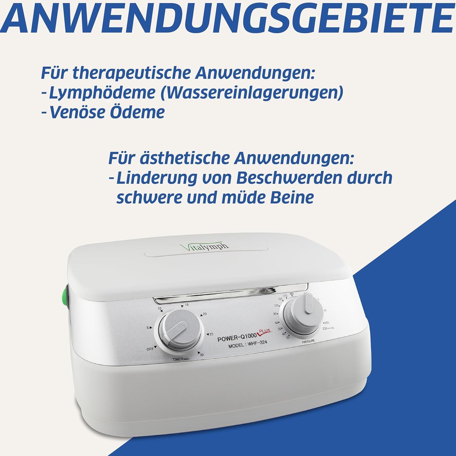 Auf einem blau-weißen Hintergrund befindet sich ein weißes Gerät mit zwei Knöpfen.