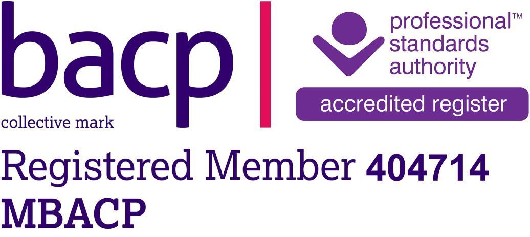 BACP logo with Registered Member information. Purple and red color scheme.
