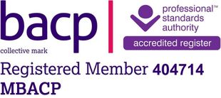 BACP logo with Registered Member information. Purple and red color scheme.