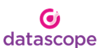 Datascope logo: pink circle with a curved line; purple text