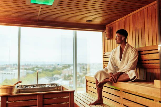 Man Enjoying In Sauna — Williamsville, NY — Creekside And Hot Tub And Sauna