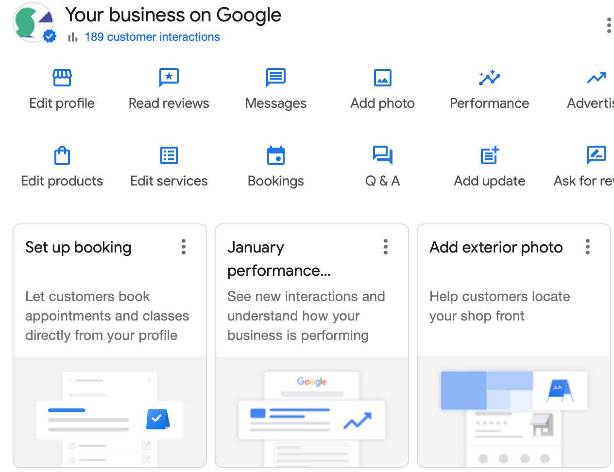 A screenshot of a google business page showing various icons