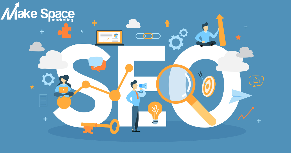 An illustration of people standing around the word seo