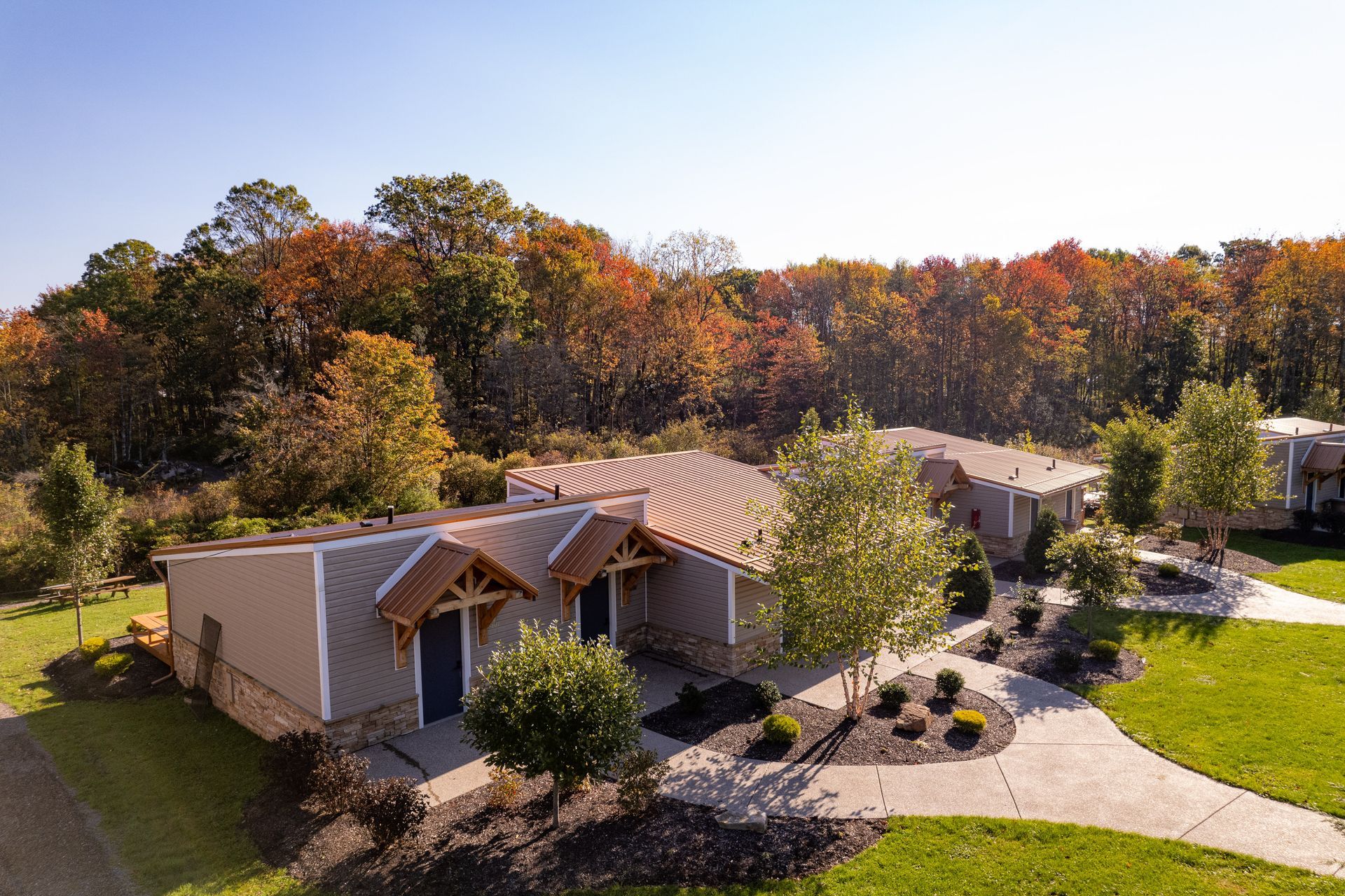 outdoor drone shot of lodge at chalk hill in the fall