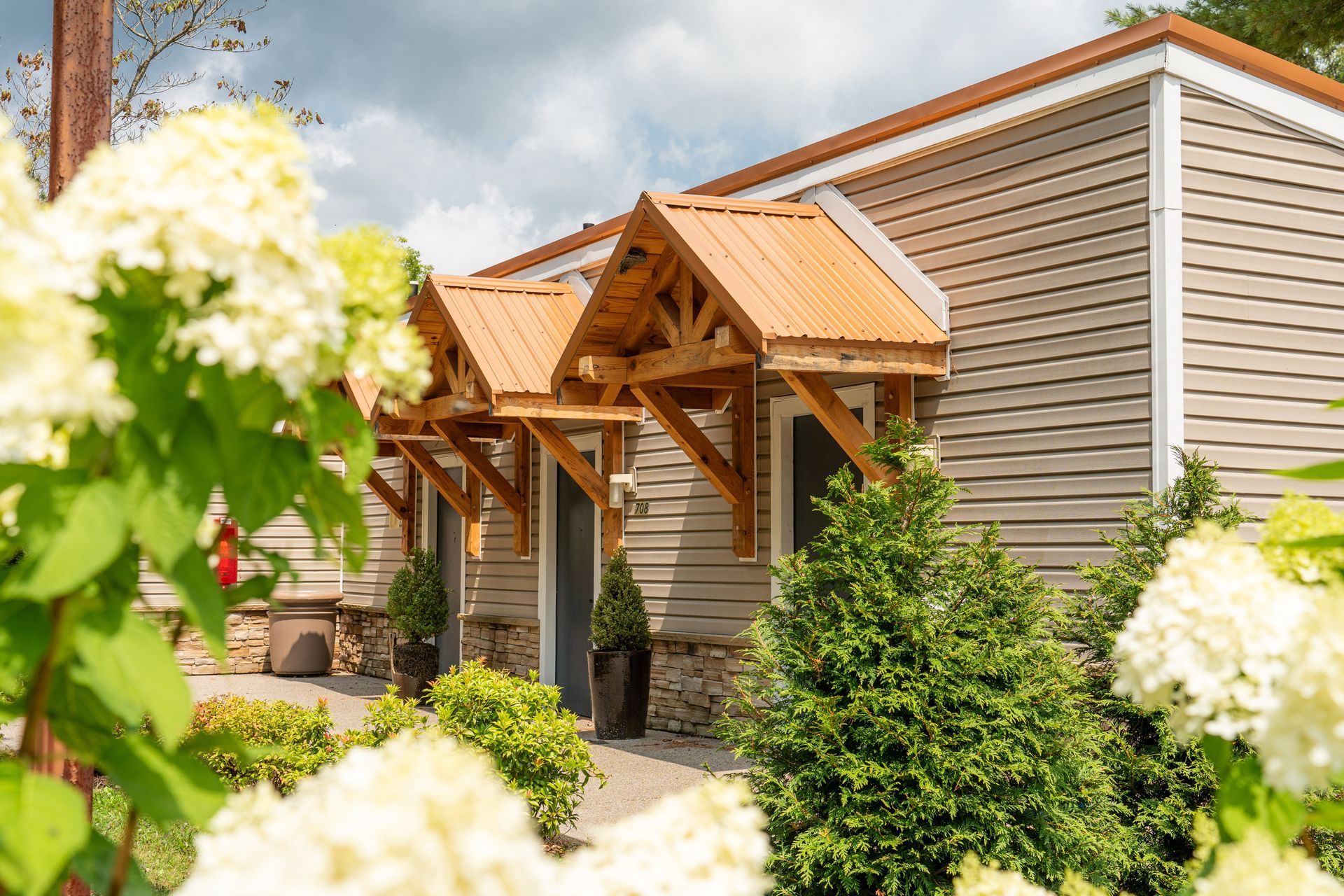 flowers blooming outside lodge at chalk hill