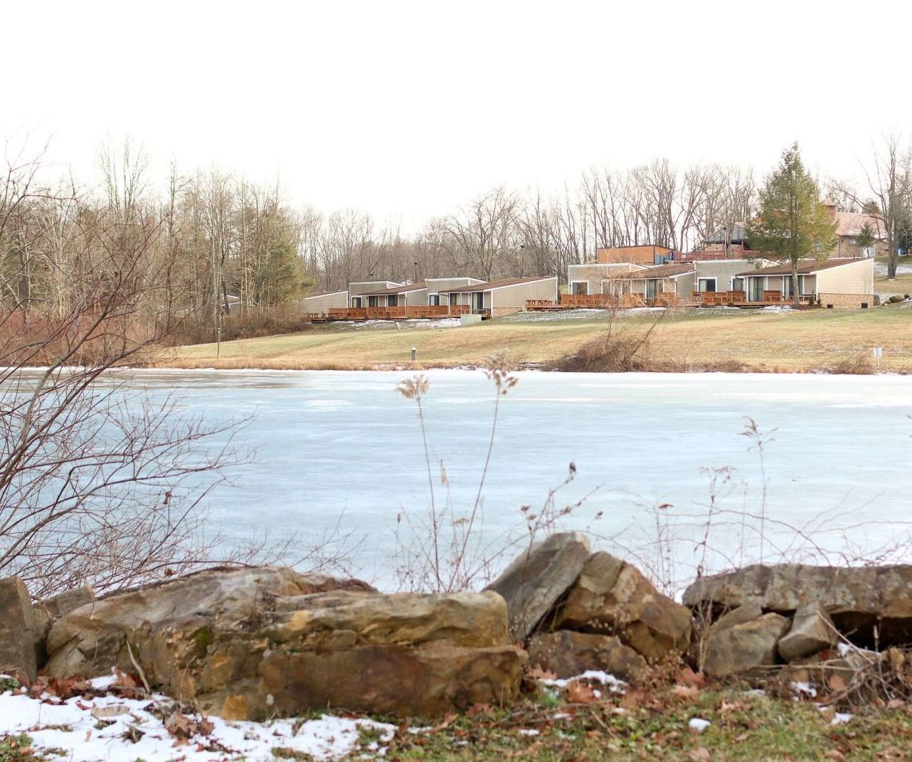 Lake lenore in the foreground, rooms available for rent in the background