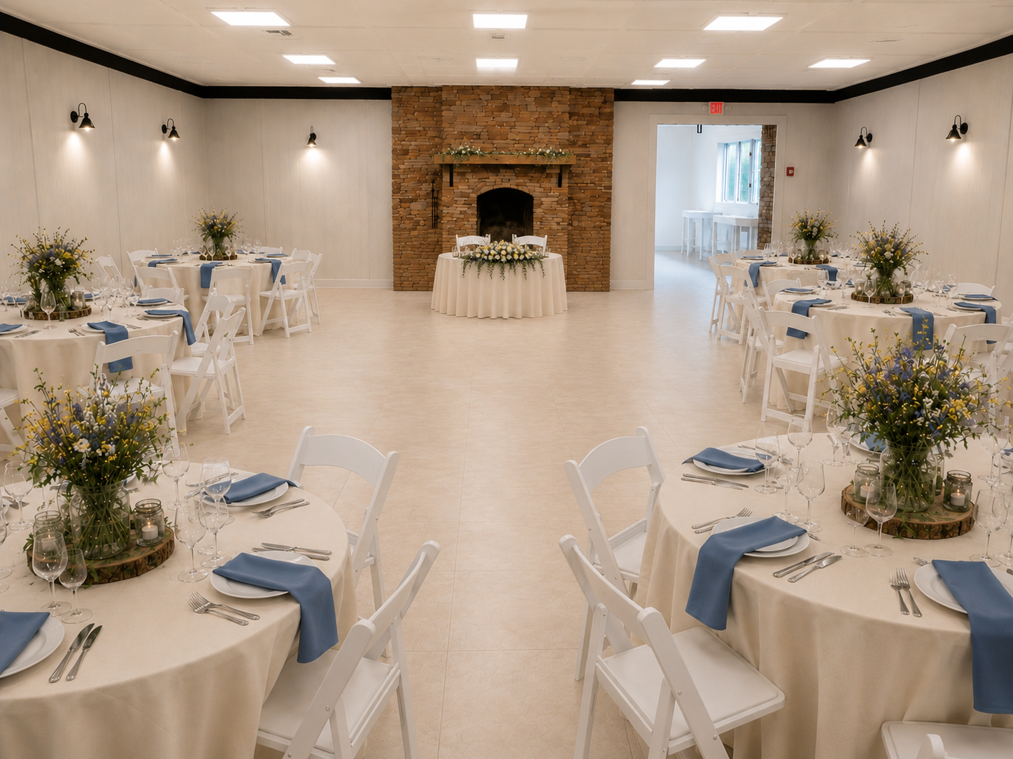 slate blue wedding table layout at venue at chalk hill