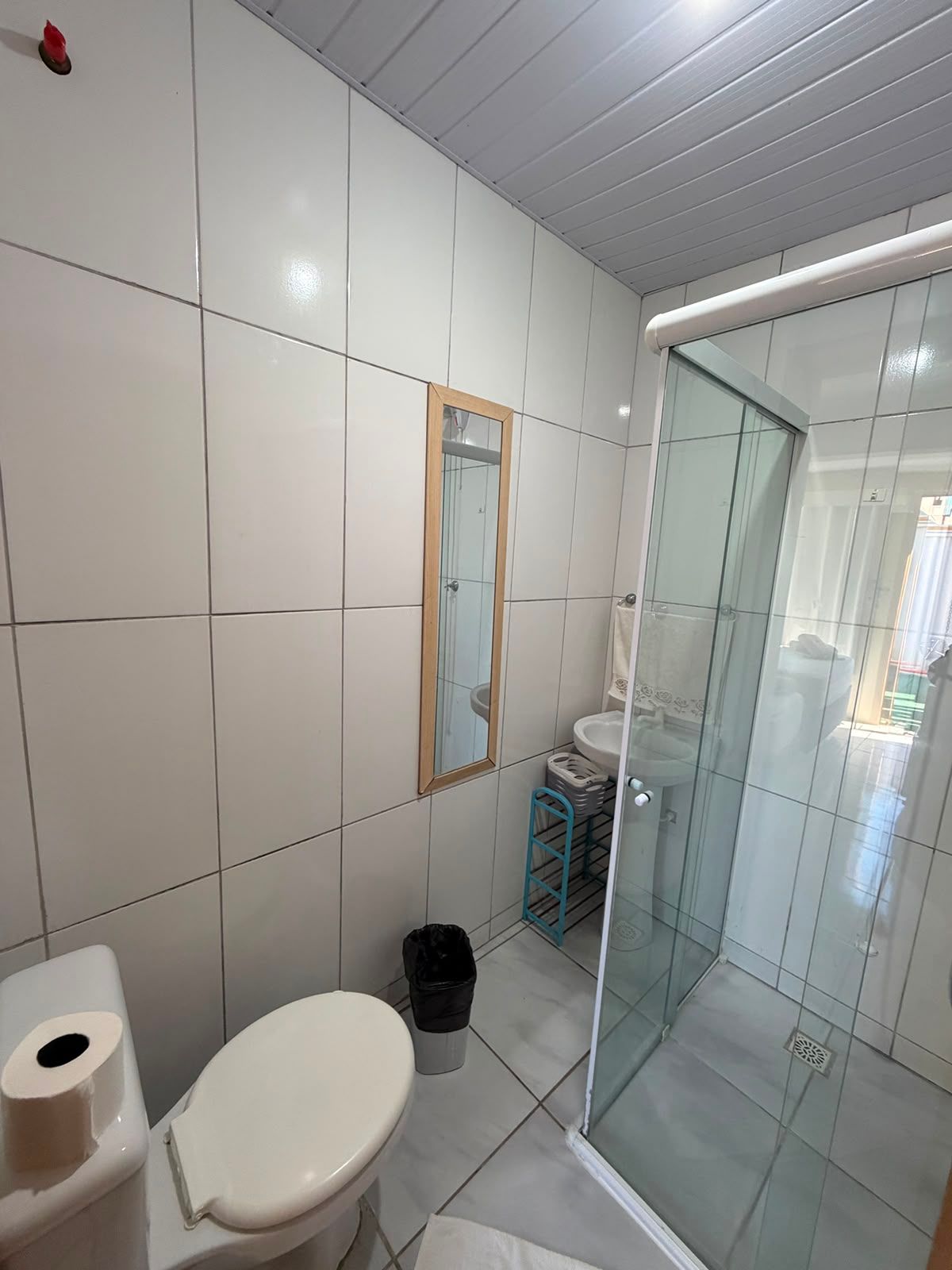 Pequeno banheiro revestido com azulejos, com vaso sanitário, box de vidro para o chuveiro e espelho de parede.