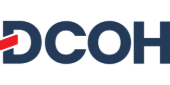 A blue and red logo for DCOH on a white background.