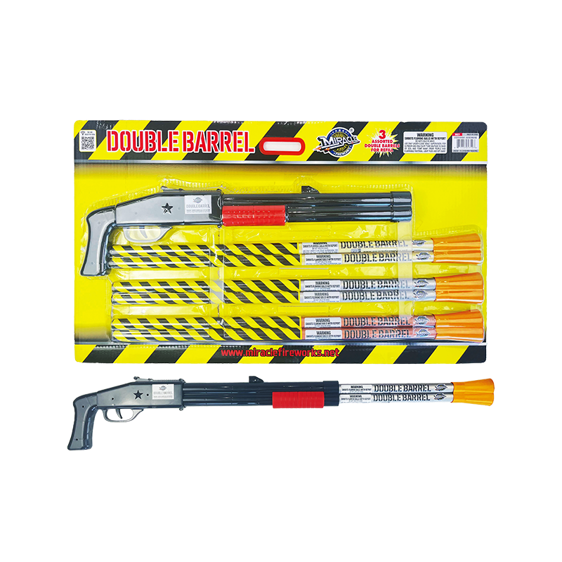 Crowd favorite! Extraordinary double barrel shaped roman candle for fun. Three assorted double barrels for refills. Silver chrysanthemum mine with blue; silver crackling tail; red and green comet tail. 