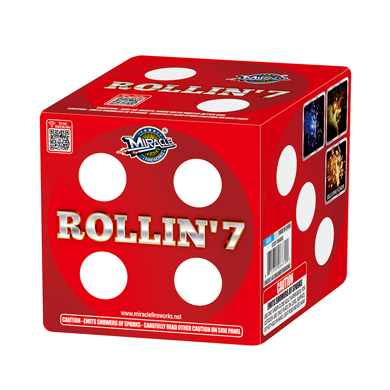 Impressive dice-shaped fountain with magnificent effect! Start with blue fishes. Silver flying chrys. with red strobe. Special white strobe. Magic flower with red/green. Gold spike flower with green. Flash strobe for ending! 