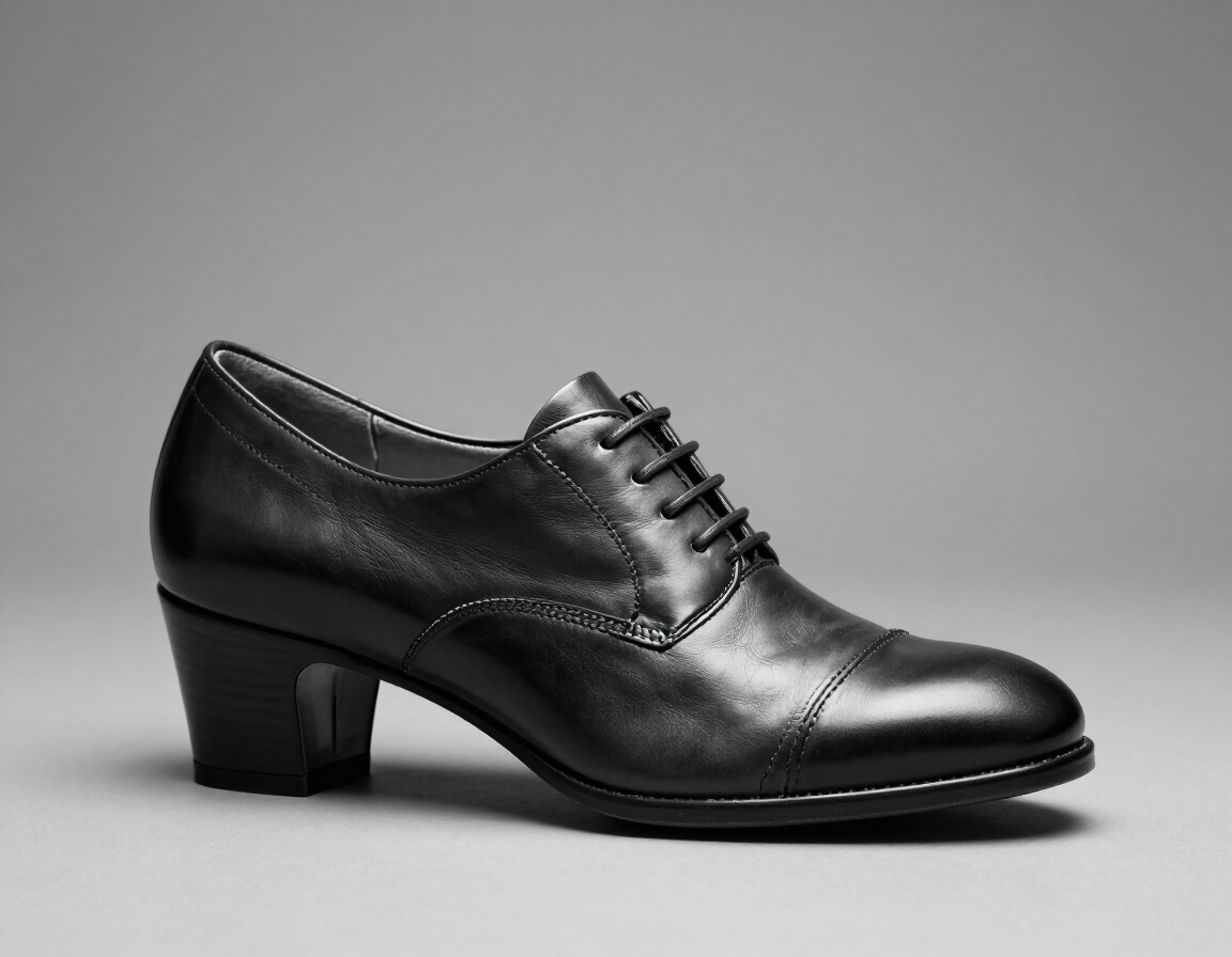 Zapato oxford negro de tacón, de cuero y con cordones, sobre fondo gris