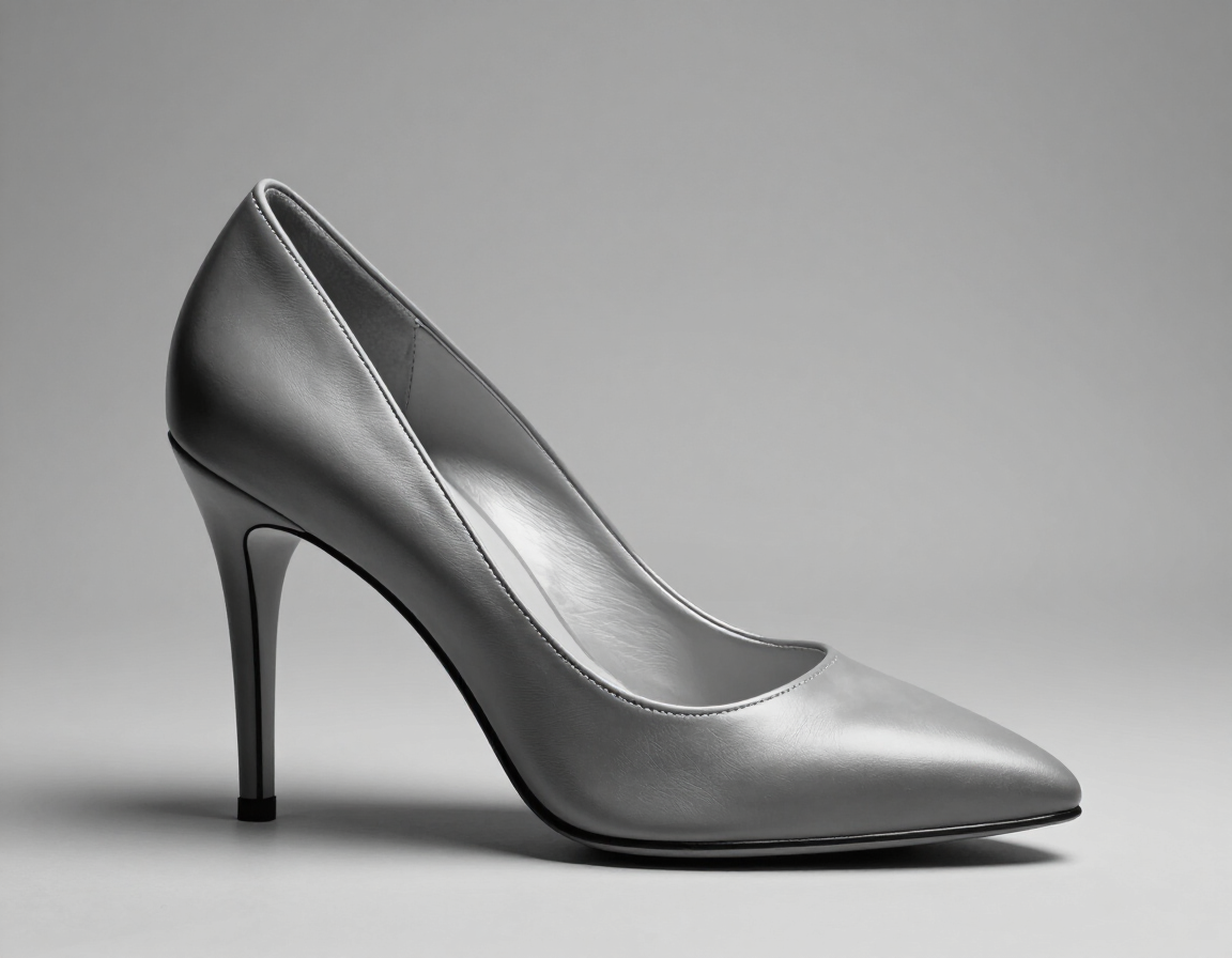 Zapato de salón plateado de tacón alto sobre un fondo gris