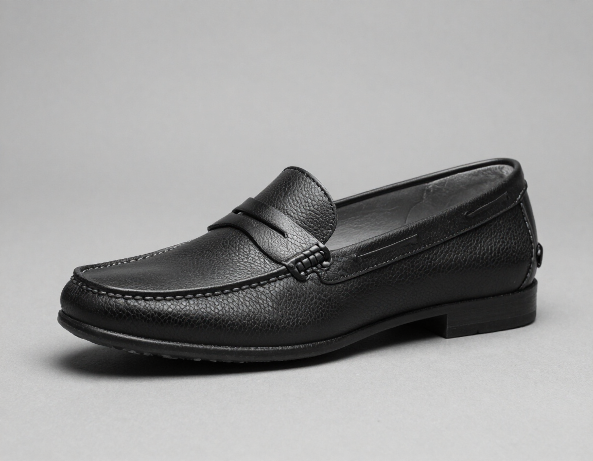 Zapato mocasín de cuero negro sobre un fondo gris liso