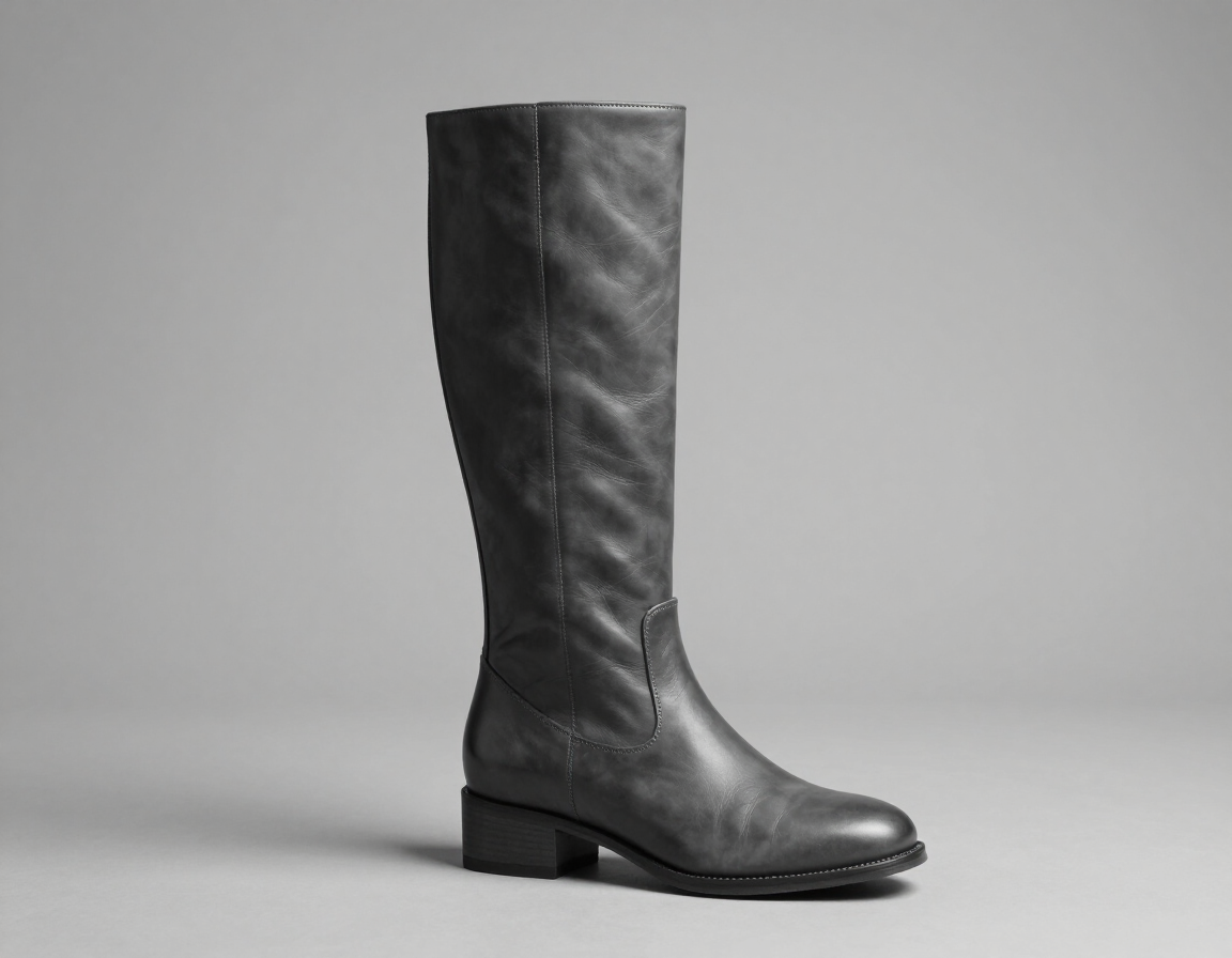 Bota alta hasta la rodilla de cuero negro sobre un fondo gris liso
