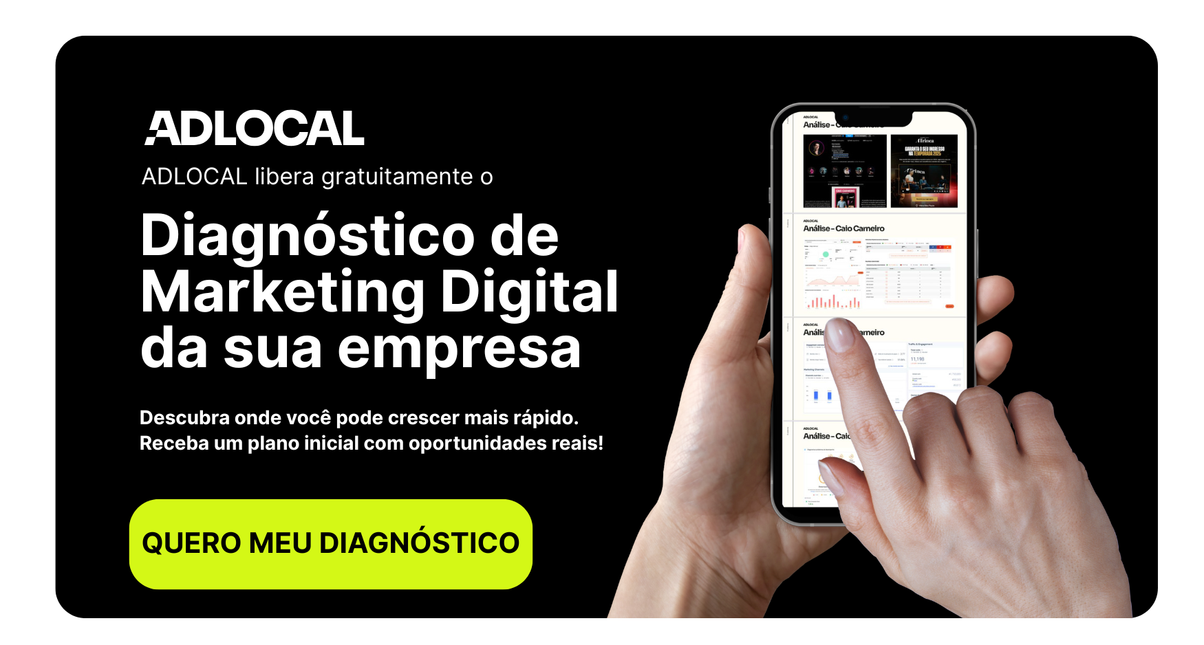 Anúncio preto com celular exibindo dados de marketing digital. Mão apontando. Botão 