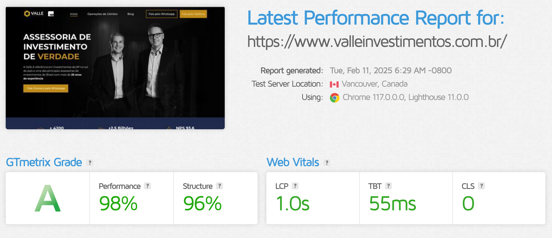 Relatório de desempenho do site vellinvestimentos.com.br: nota A, 98% de desempenho.