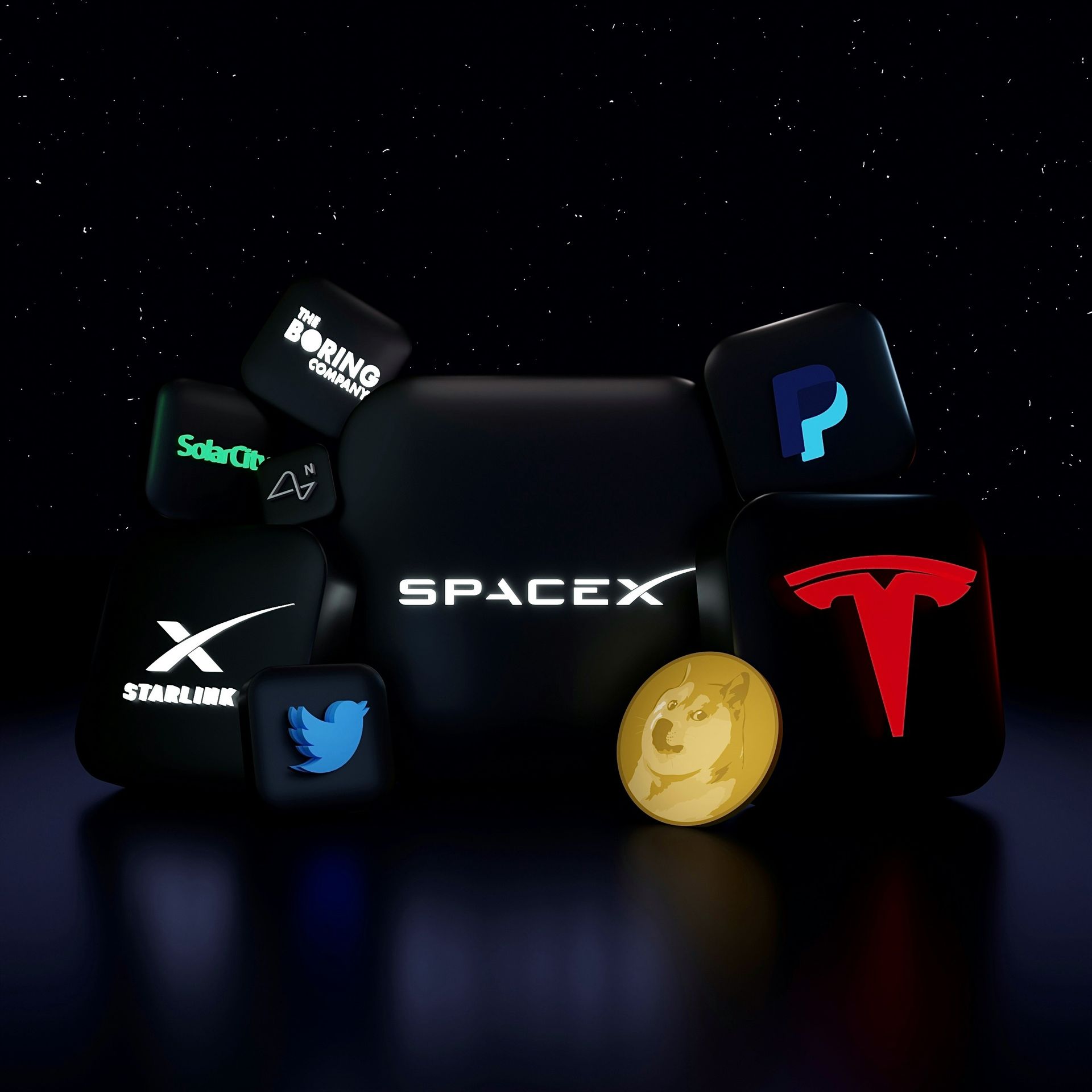 Logotipo da SpaceX rodeado pelos ícones da Tesla, PayPal, Twitter, Solana, X e Dogecoin em um fundo