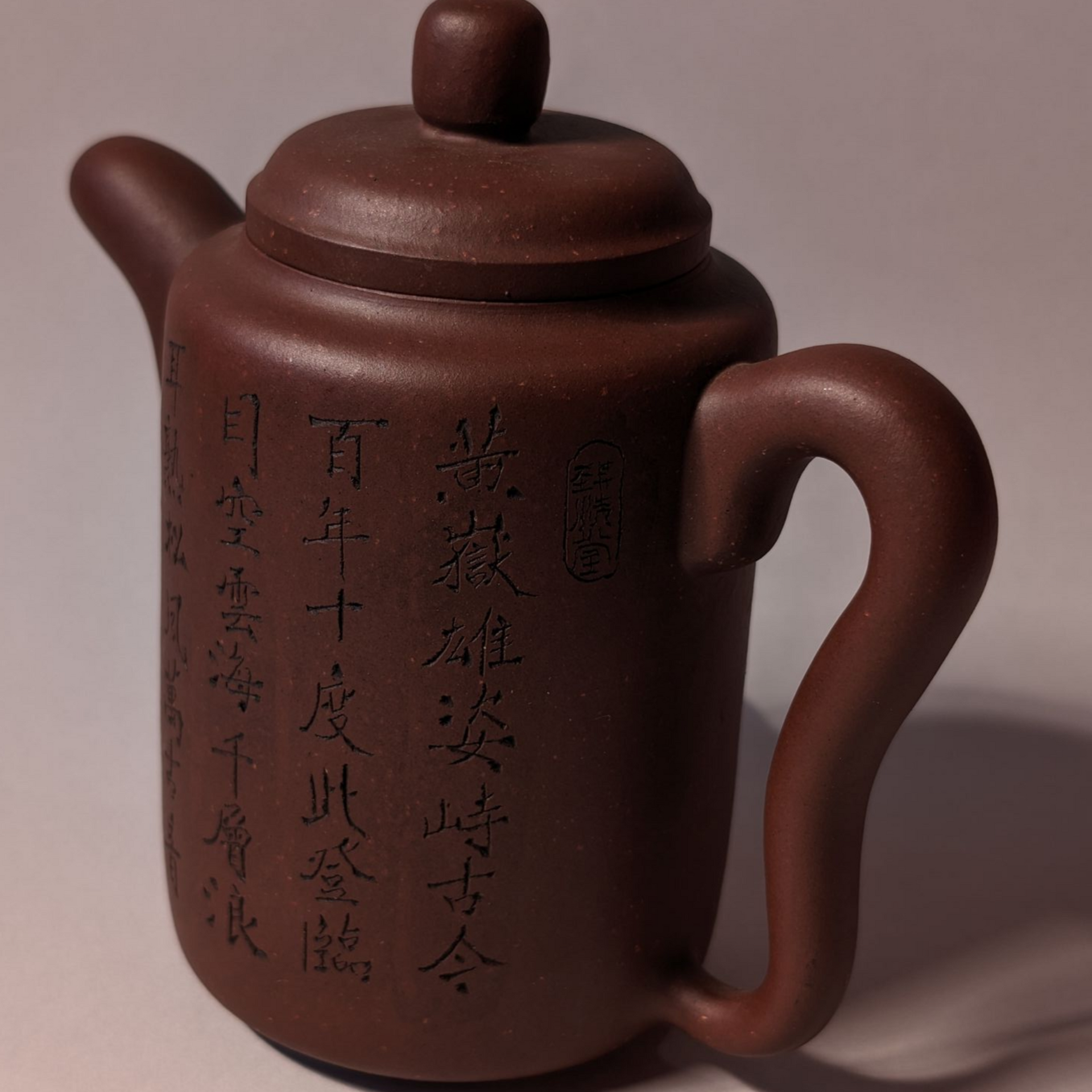 Brown engraved teapot with lid and curved handle on a neutral background