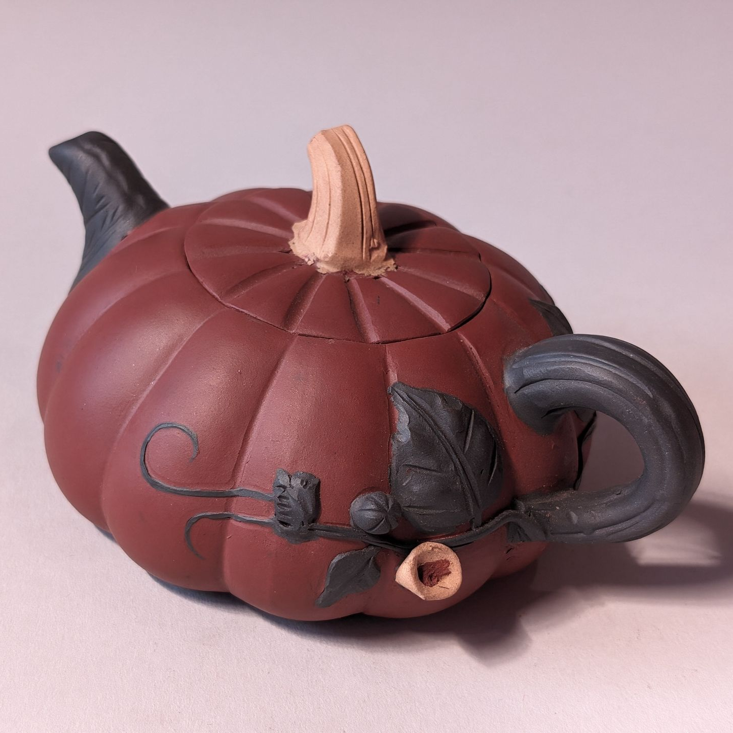Small carved pumpkin with dark curled stem and tail-like decoration on a light background