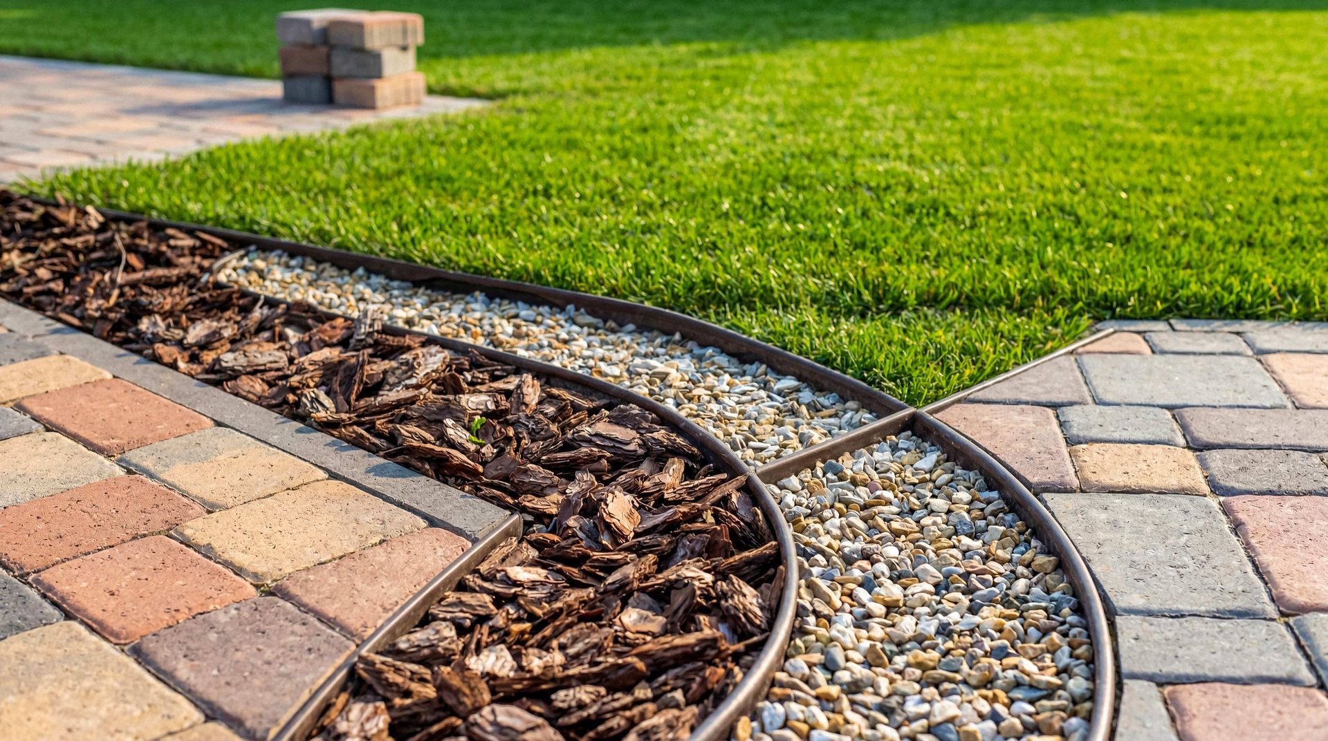 landscaped garden pathway featuring curved metal edging separating sections of mulch and pebbles.