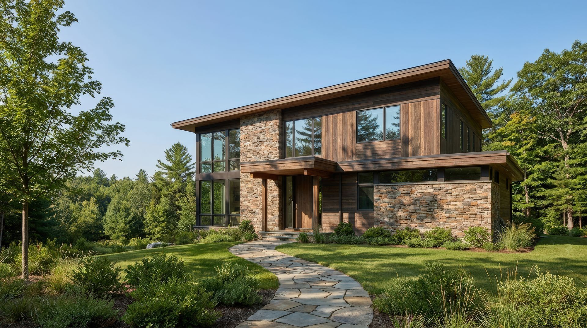 Gray gravel stones shown in close-up from landscaping stone supplier offering bulk decorative rock. Modern stone-and-wood house in a green garden with a winding path and trees