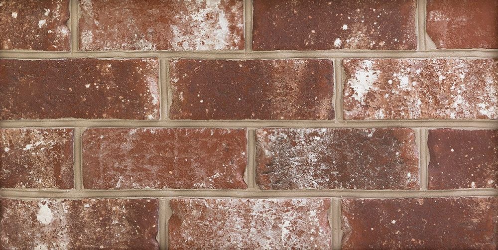 Close-up of a brick wall with varied shades of red, brown, and white, with visible mortar lines.