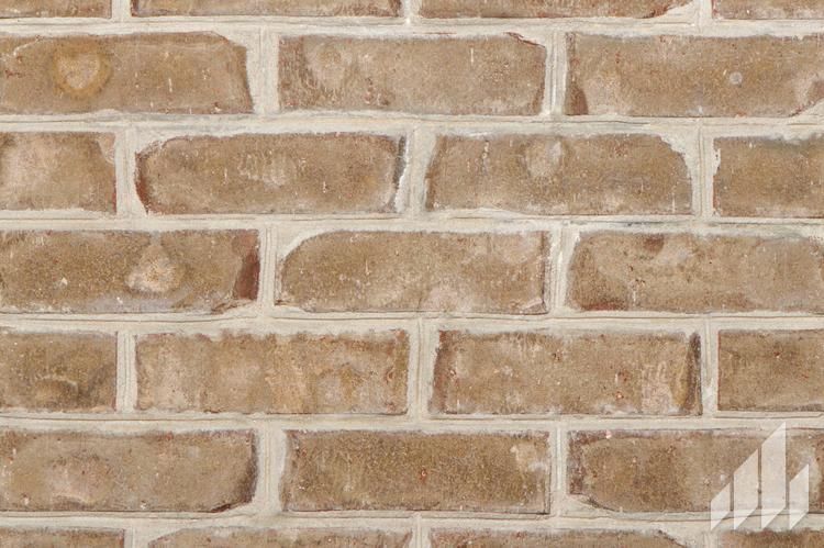 Close-up of a brick wall with tan-colored bricks and white mortar.