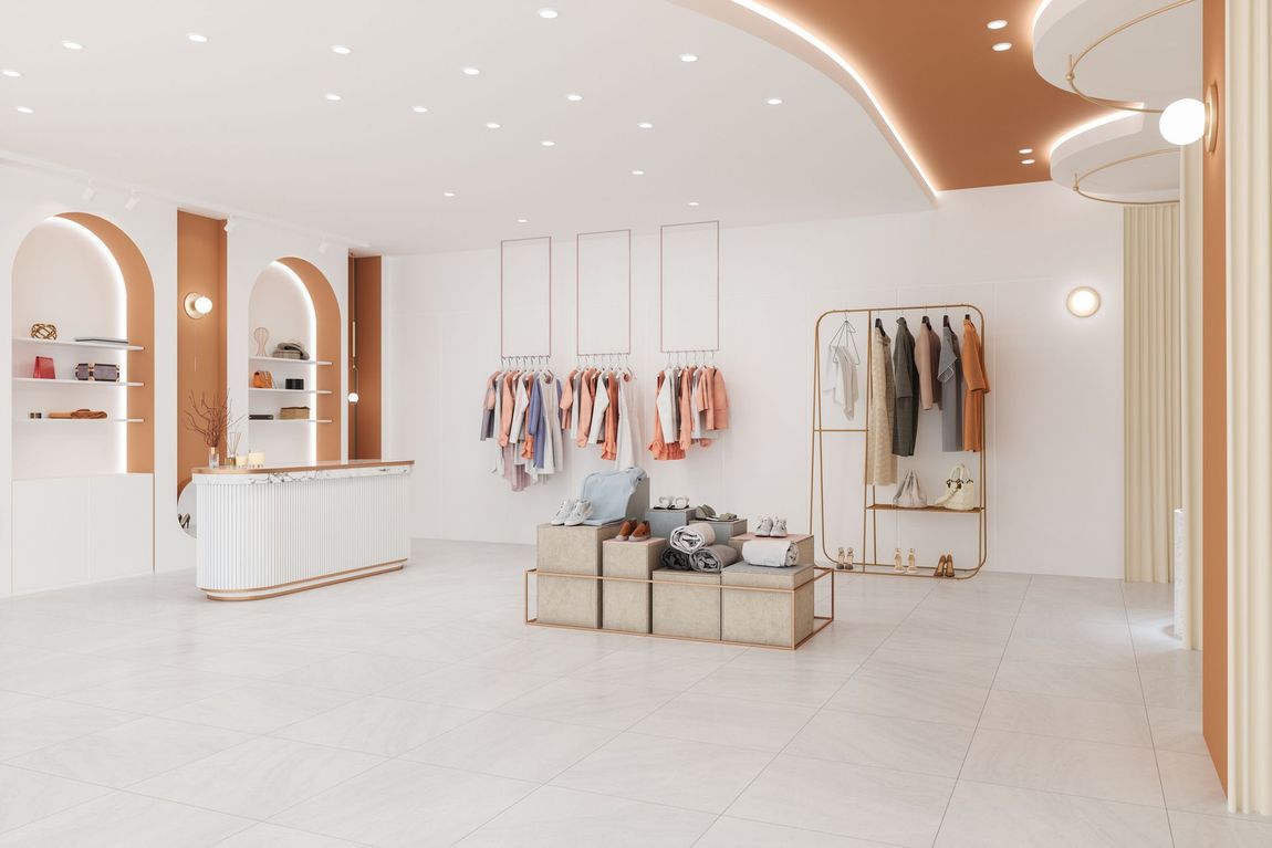 Un rendering 3d di un negozio di abbigliamento con vestiti appesi su scaffali e un bancone.