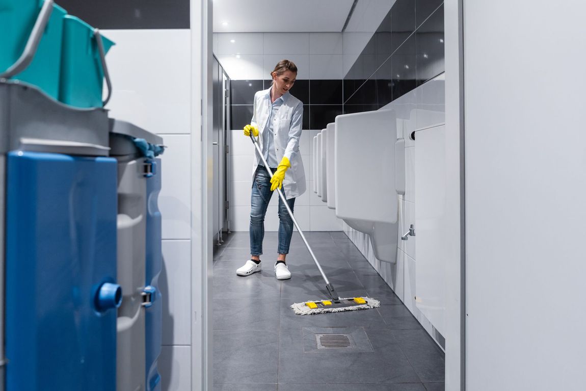 Una donna sta pulendo il pavimento di un bagno pubblico con uno spazzolone.
