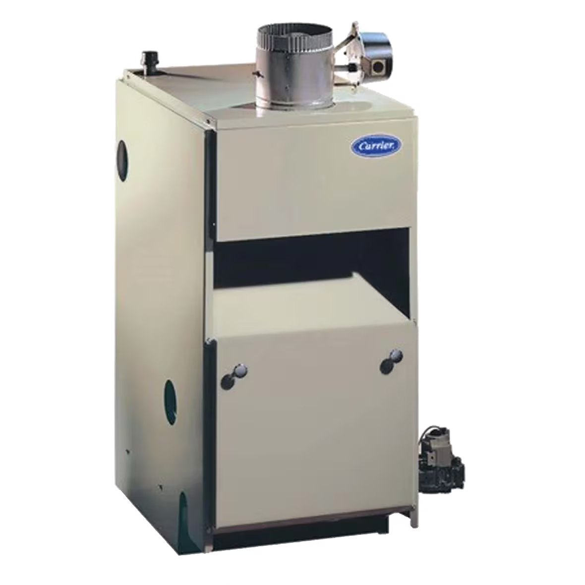 Beige HVAC furnace unit with top vent and side blower motor.