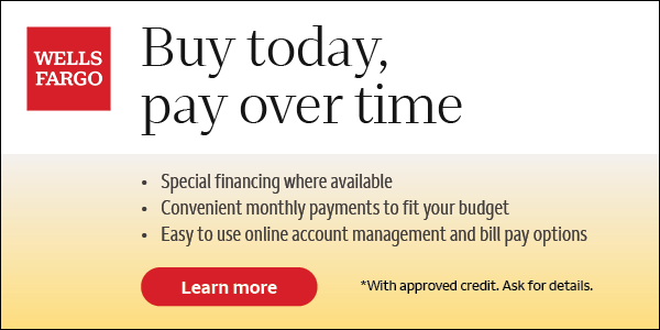 Wells Fargo ad with red logo and headline “Buy today, pay over time” plus financing bullet points and a red Learn more button