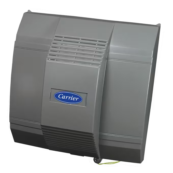 Gray Carrier outdoor HVAC unit with front vent grille and logo