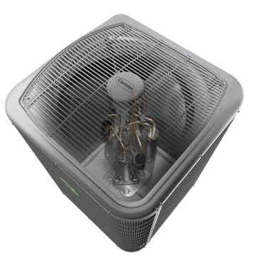 Square gray industrial fan with a metal grille and visible motor assembly inside a top-down view