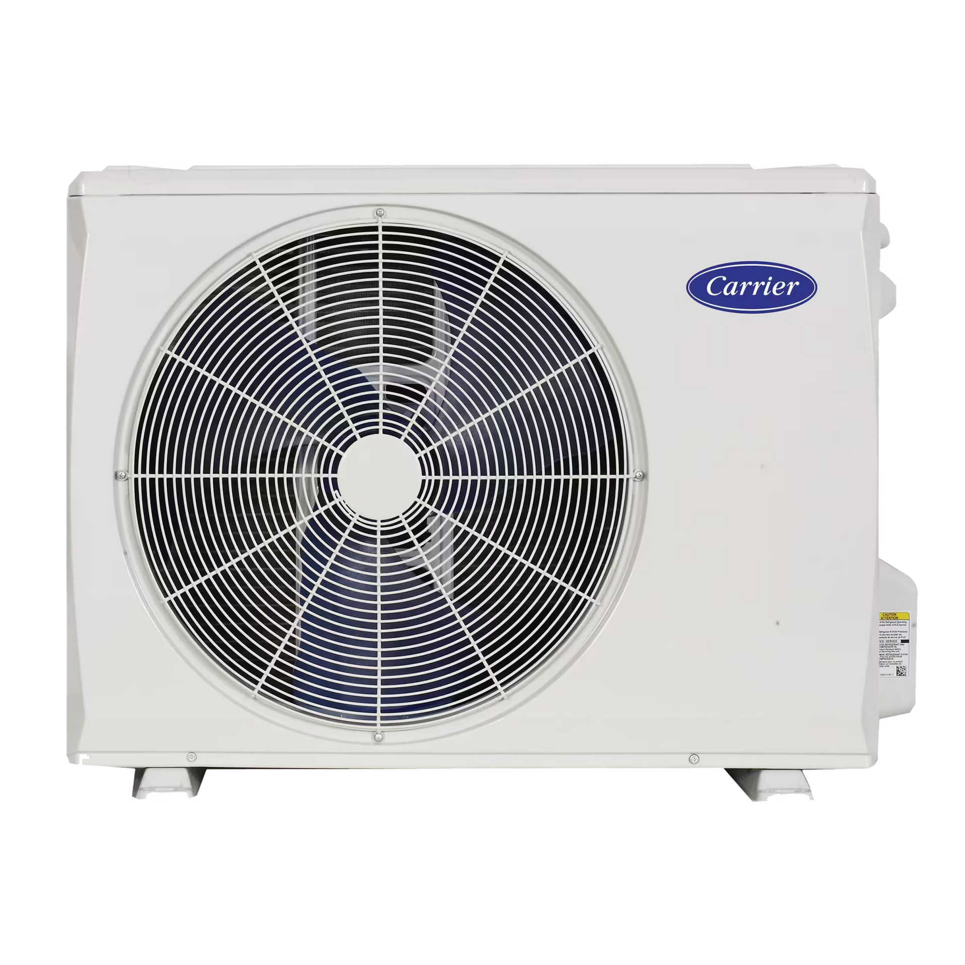 White outdoor air conditioner unit with large front fan and blue logo
