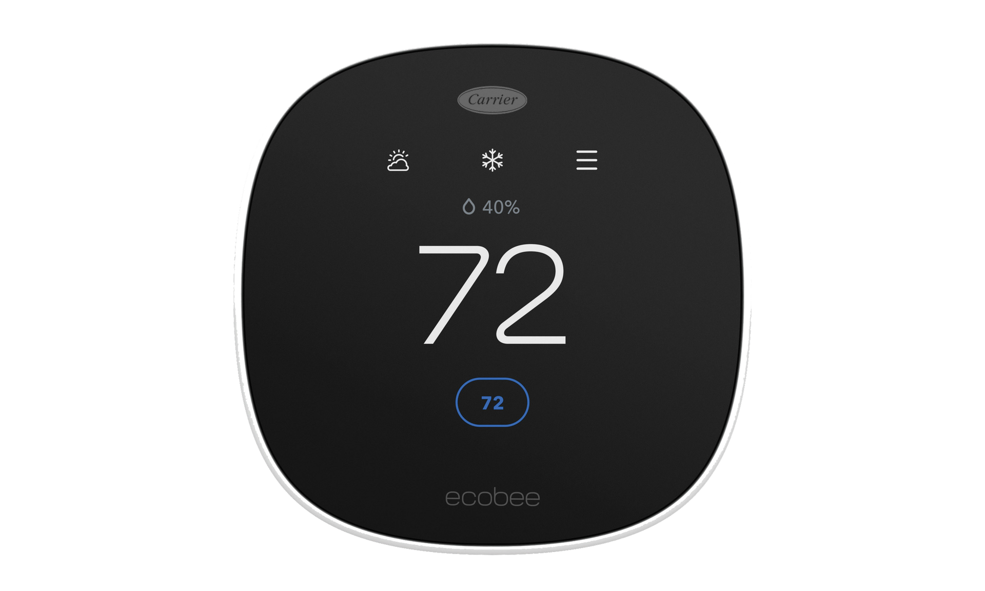 Black smart thermostat displaying 72°F with small blue climate controls on a white wall