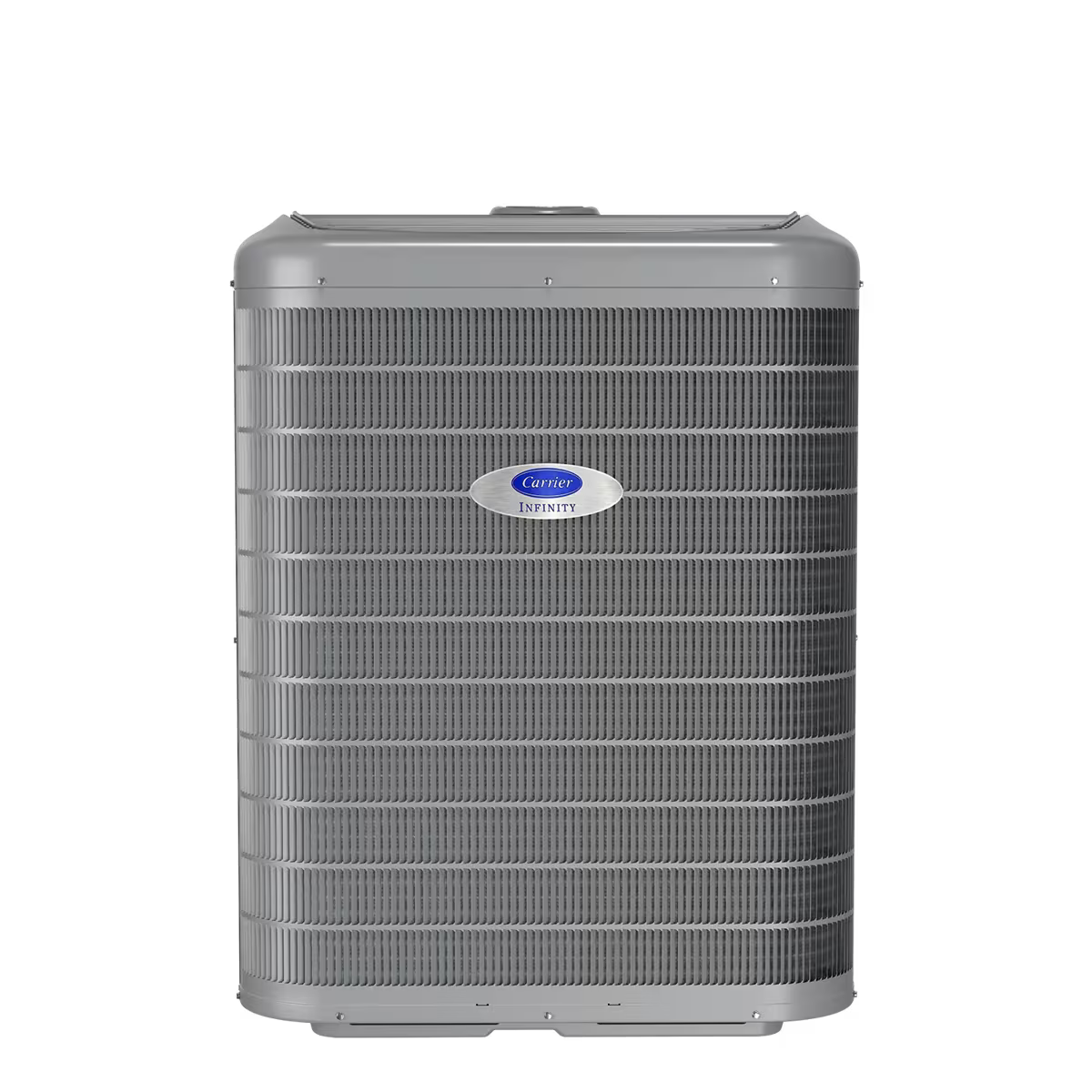 Gray outdoor air conditioner unit with a front grille and logo on a white background