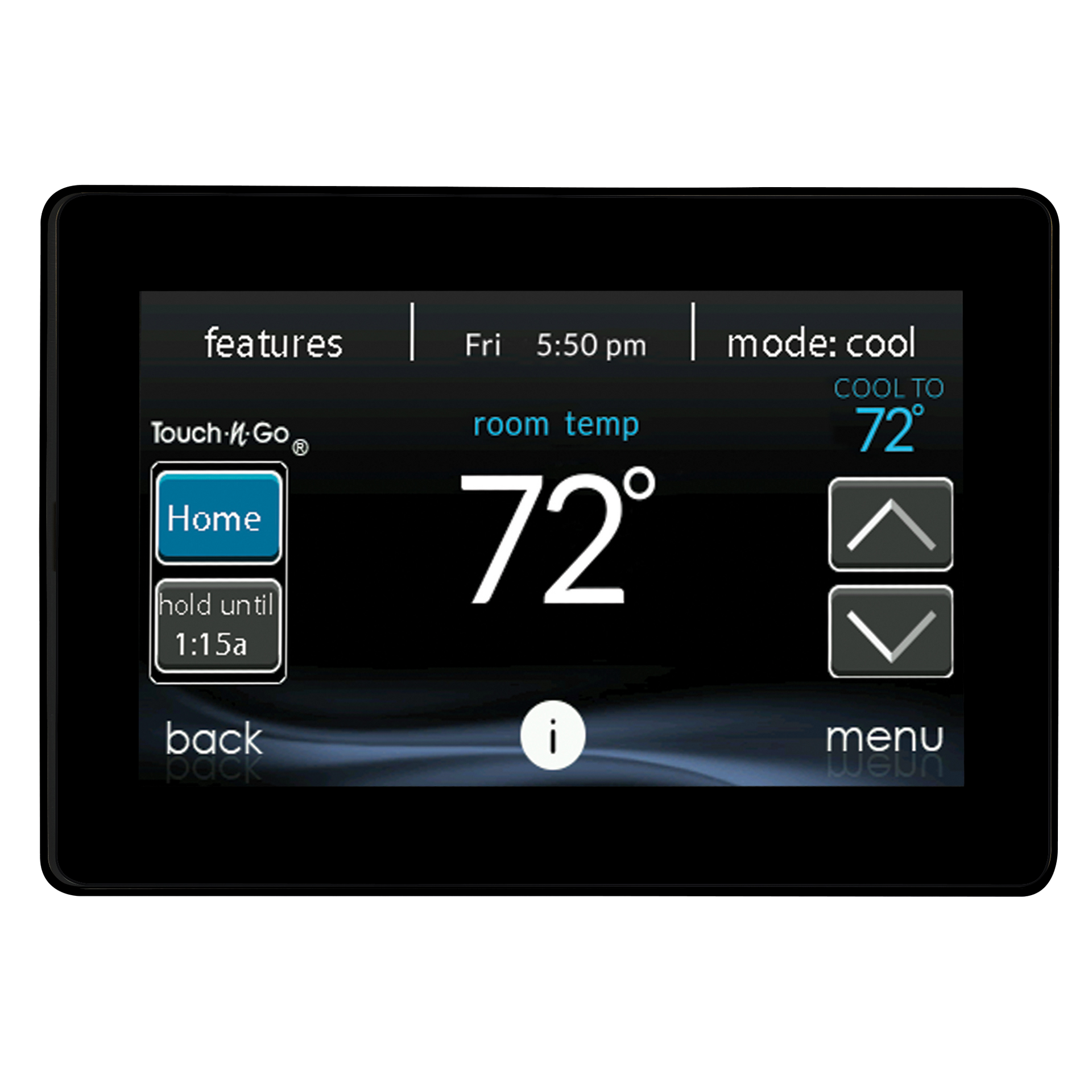 Thermostat touchscreen showing 72° room temp with feature and menu buttons on a black display